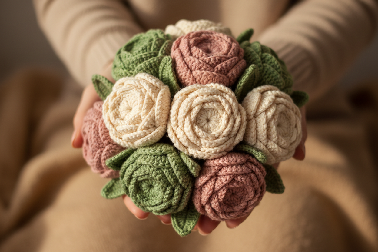 person holding a knitted bouquet